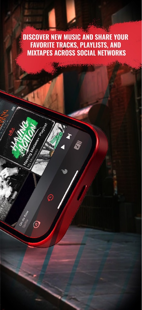 MyMixtapez: Playlists 24/7 - The sleek playback interface, featuring clear play controls, allows users to seamlessly discover new music and share their favorite tracks across various social networks.