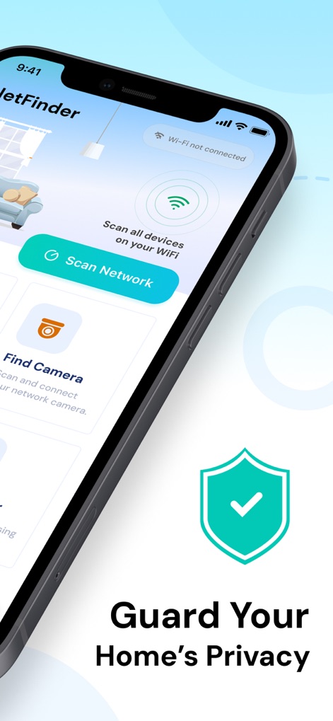 Security Camera - Smart Home - ユーザーは「ネットワークスキャン」機能でホームネットワーク全体を監視し、セキュリティシールドアイコンが示すように、自宅のプライバシー保護を強化できます。