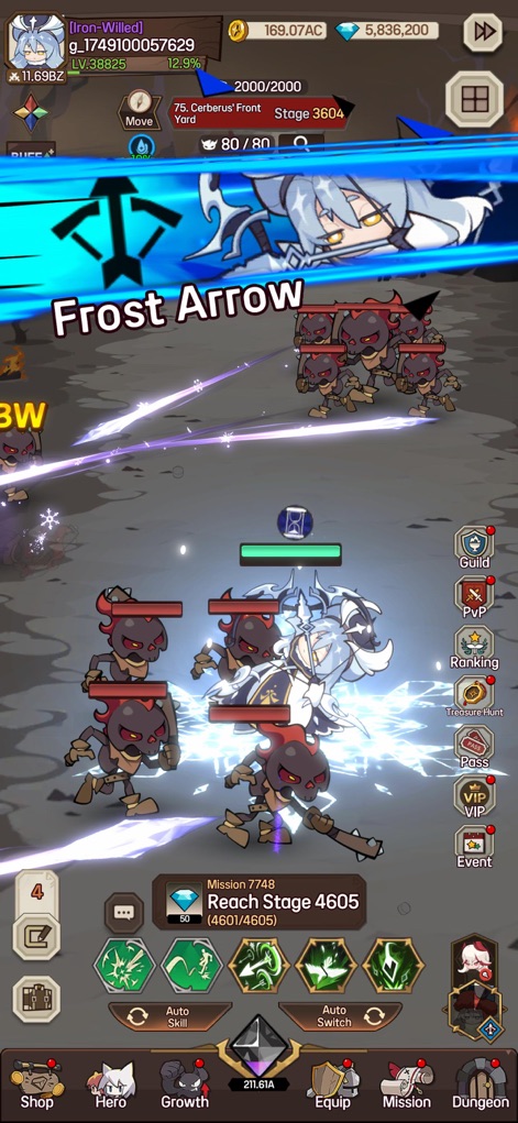 Switching Heroes - Observe the chilling 'Frost Arrow' skill as it strikes multiple targets, demonstrating effective crowd control against groups of monsters.