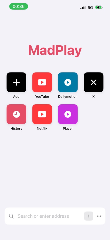 MadPlay Pro - This interface showcases custom quick access tiles for popular services and an integrated search/address bar, streamlining user navigation.