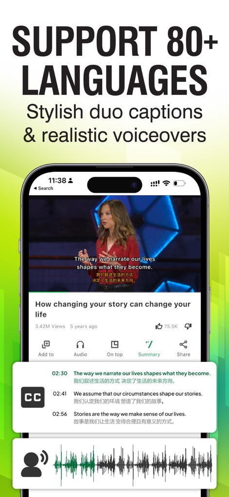 POPTube: Music & Video Podcast - This tool empowers users with dual-language captions and a visual audio player waveform for comprehensive content engagement.