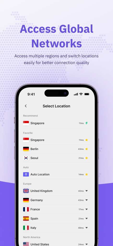 SpeedTop VPN: Fast & Secure - Explore the app's comprehensive server selection screen, showcasing an extensive list of global server locations and their corresponding low ping times for optimal performance.