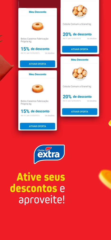Extra Mercado - Witness how the app presents personalized discounts, such as those for homemade cakes and bulk onions, with clear 'Activate Offer' buttons for immediate redemption.