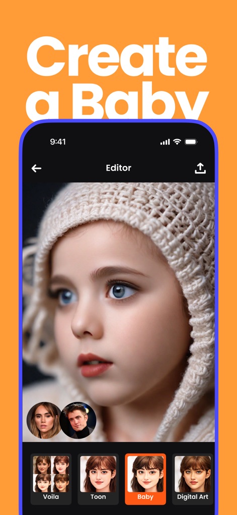 Voilà AI Artist Cartoon Filter - Unleash playful transformations with the "Create a Baby" feature, allowing users to generate youthful renditions of faces using the dedicated "Baby" filter.