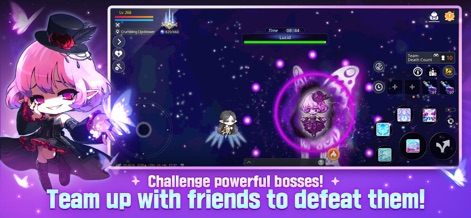 MapleStory M: Fantasy MMORPG - 星空を背景にしたボスバトルでは、二人のキャラクターが協力して強力なボス「ルシード」に挑み、周囲には鮮やかな紫色のスキルエフェクトが広がっています。