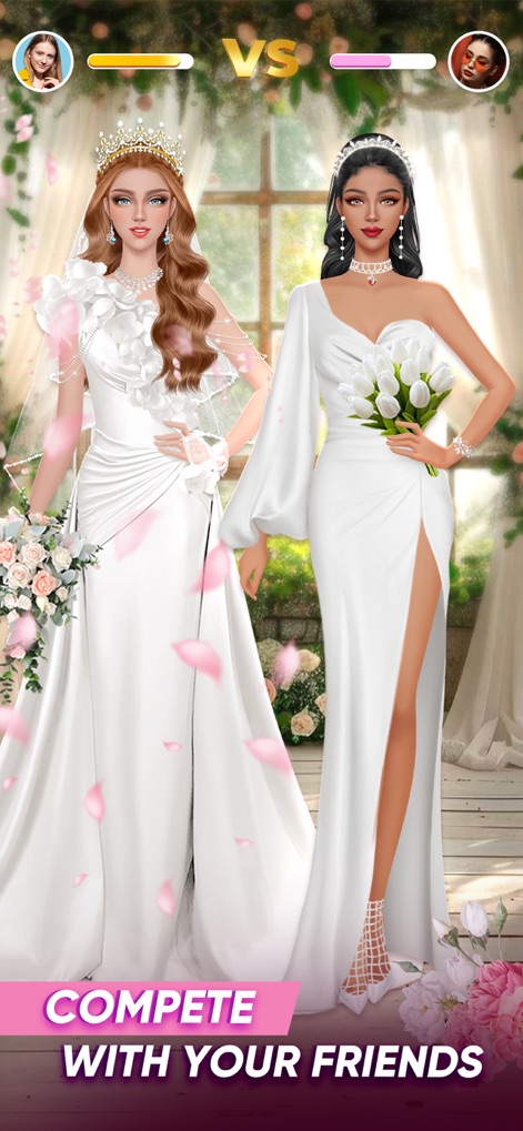 Wedding Stylist: Dress Up Game - Questo screenshot presenta una competizione tra due spose, ognuna con un abito distintivo e un bouquet elegante, enfatizzando l'elemento interattivo e sociale dell'app.
