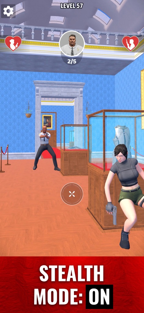 Mr and Mrs Shooter: City Hunt - The game demonstrates a character duo in a museum setting, showcasing stealth mechanics with a female character crouching low and glass display cases concealing movement at 'LEVEL 57'.