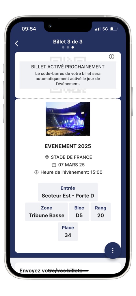 STADEFRANCE Tickets - La vue détaillée affiche clairement les informations de l'événement comme la "Zone" et le "Rang", préparant les utilisateurs à l'activation imminente du "code-barres" pour un accès rapide.