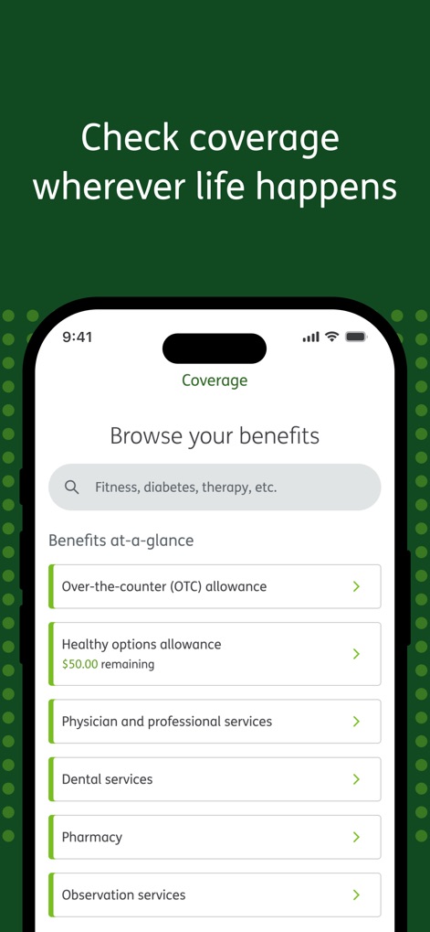 MyHumana - A seção "Coverage" permite aos usuários explorar benefícios, como a "Over-the-counter (OTC) allowance" e os "Healthy options allowance", garantindo acesso fácil às informações.
