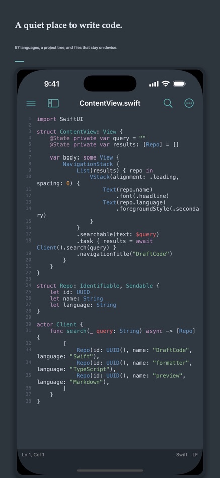 #1. DraftCode: Code & Text Editor (iOS) Av: 献慧 陈