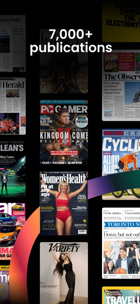 PressReader: News & Magazines - Users can explore an impressive collection of over 7,000 publications, including popular titles like PC Gamer and Women's Health, demonstrating the app's vast selection.