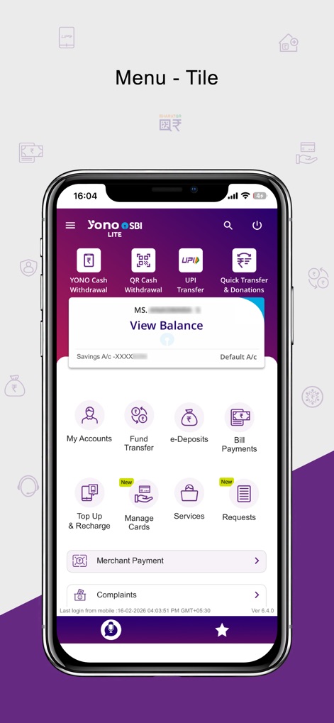 Yono Lite SBI - The app's dashboard presents a tile-based menu for quick access to features like 'YONO Cash Withdrawal' and 'My Accounts'.