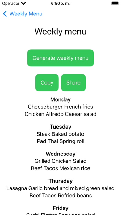 Weekly Menu Ideas Screenshot