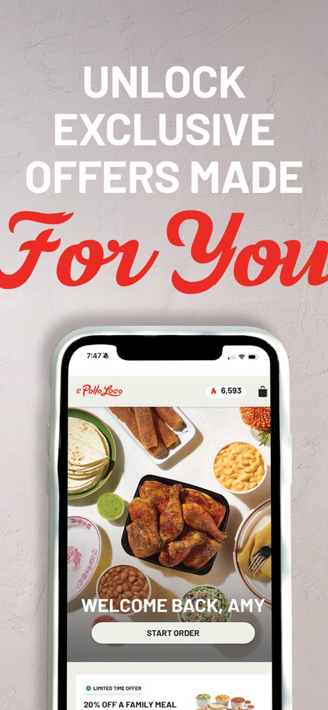 El Pollo Loco - Loco Rewards - Users are greeted with a personalized "WELCOME BACK, AMY" message and can access exclusive deals, such as the "20% OFF A FAMILY MEAL" limited-time offer.