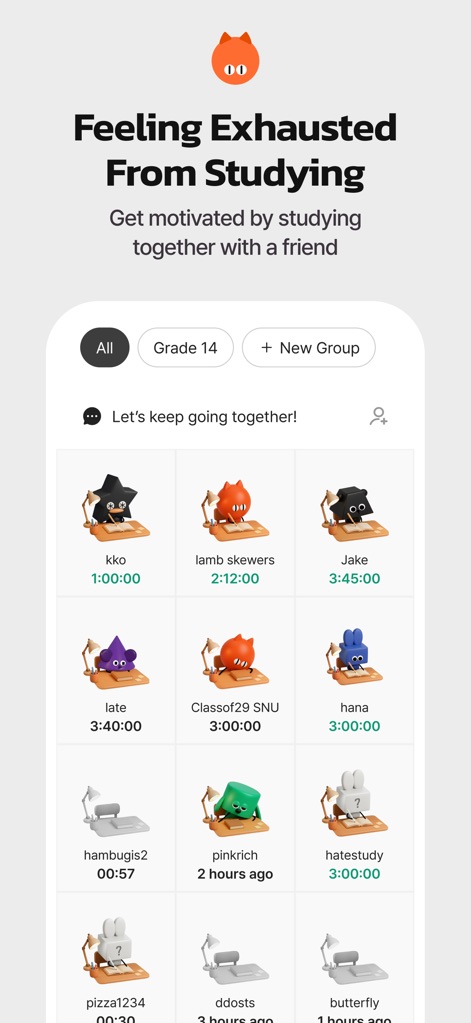 QANDA: AI Math & Study Helper - The app encourages peer interaction through its study groups, allowing users to create a "New Group" and view friends' study durations such as "Jake 3:45:00" for shared motivation.