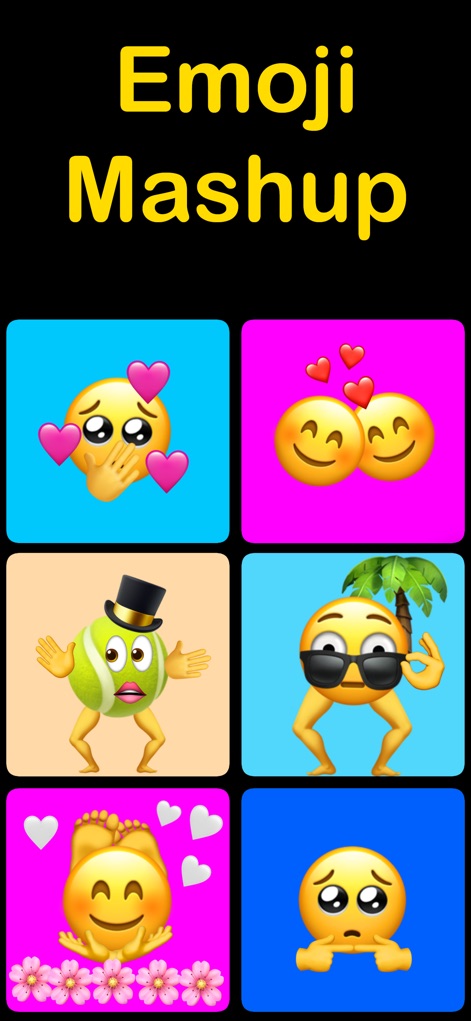 Genmoji: AI Emoji Maker - Mix - A gallery of imaginative emoji mashups is presented, demonstrating the app's capability for vibrant emoji combinations and diverse artistic themes.