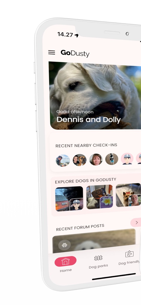 GoDusty - このホーム画面では、ユーザーは「Dennis and Dolly」といったパーソナライズされた挨拶と、「近くにチェックインした犬と飼い主のプロフィール写真」を確認し、地域コミュニティとの繋がりを感じることができます。