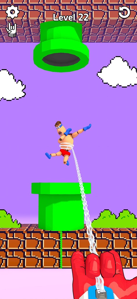 Ragdoll Hero Break Games - The app showcases physics-based challenges with ragdoll dummies navigating classic pipe environments and a distinctive web-slinging mechanic.