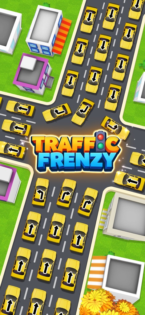 Traffic Frenzy : Jam Escape - The app introduces its core challenge, showcasing an intricate city intersection filled with gridlocked cars and directional arrows.