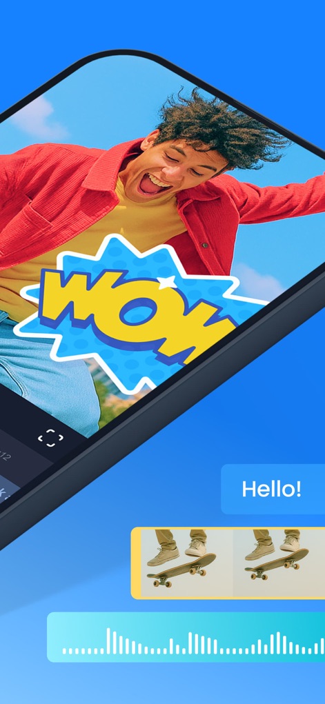 Clideo: Video Editor for Reels - Enhance visual narratives with dynamic elements like the interactive 'WOW' sticker, while monitoring sound levels with clear audio waveform visualization.