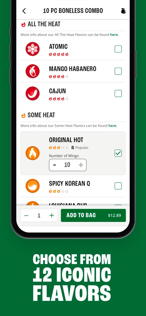 Wingstop - Hier können Nutzer ihre Bestellung detailliert anpassen, indem sie aus zahlreichen Geschmacksrichtungen wie "Atomic" oder "Original Hot" wählen und die Anzahl der Wings flexibel über den Mengenwähler festlegen.