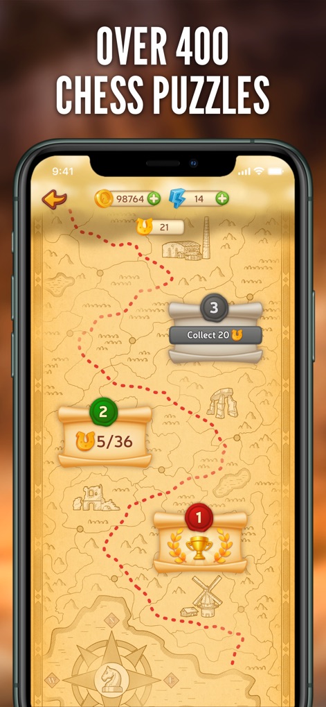 Chess Online - Clash of Kings - Users navigate an interactive map to unlock hundreds of chess puzzles and collect gold rewards.