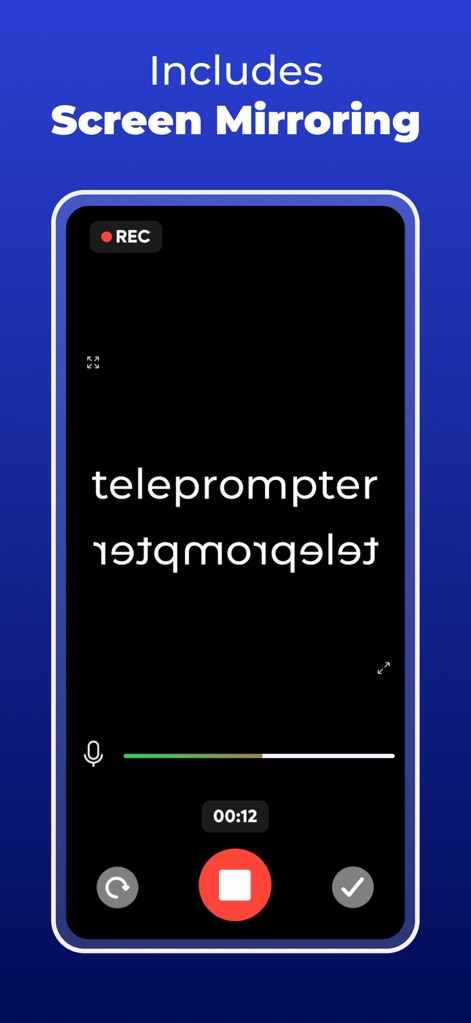 Teleprompter - VILO - Esta herramienta ofrece la opción de texto reflejado, esencial para rigs de teleprompter, presentada en una interfaz de grabación minimalista.