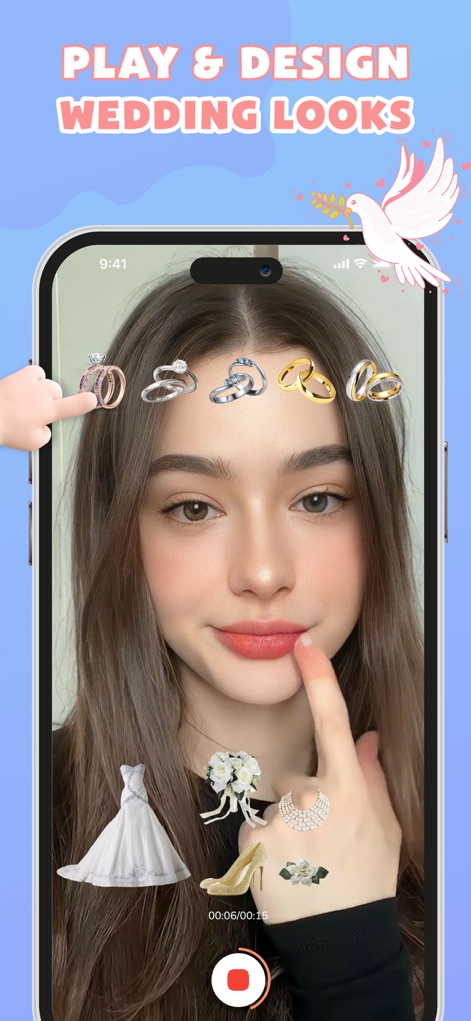 Choose Filter: Perfect Match - Usuários podem explorar uma variedade de acessórios de casamento, como anéis e buquês, simulando escolhas para o grande dia.