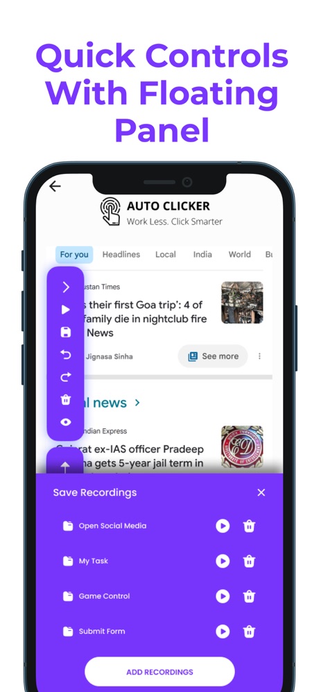 Auto Clicker: Tap Automation App Store screenshot 3, headline “Quick Controls With Floating Panel”. Purple.