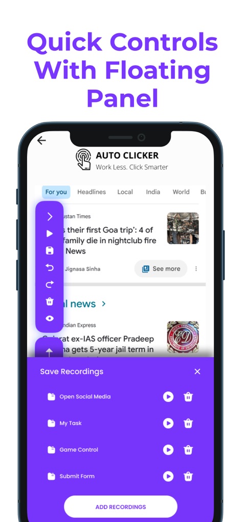 Auto Clicker: Tap Automation - Cet outil offre des contrôles rapides via son panneau flottant, avec la capacité de sauvegarder et de réutiliser des enregistrements d'actions pour optimiser les processus.