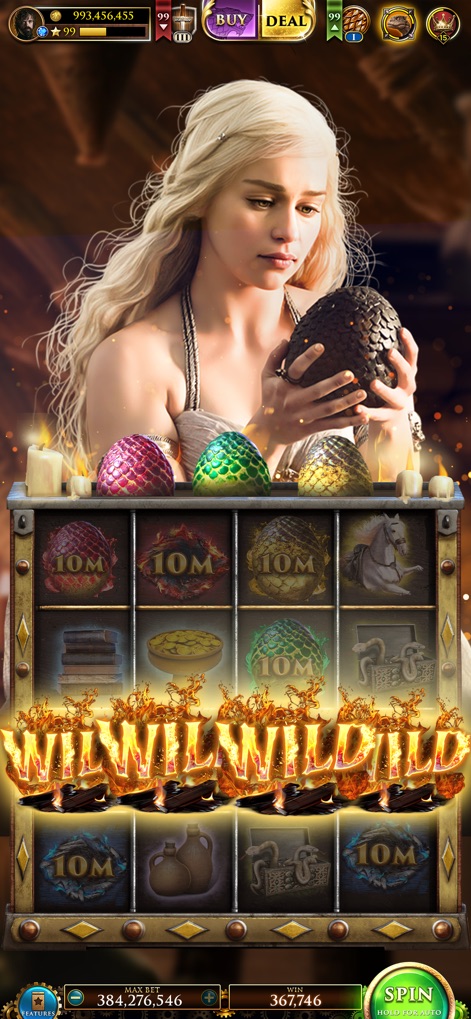 Game of Thrones Slots Casino - Unleash the power of the dragon eggs as they transform into "WILD WILD WILD" symbols, guided by the iconic Daenerys Targaryen.