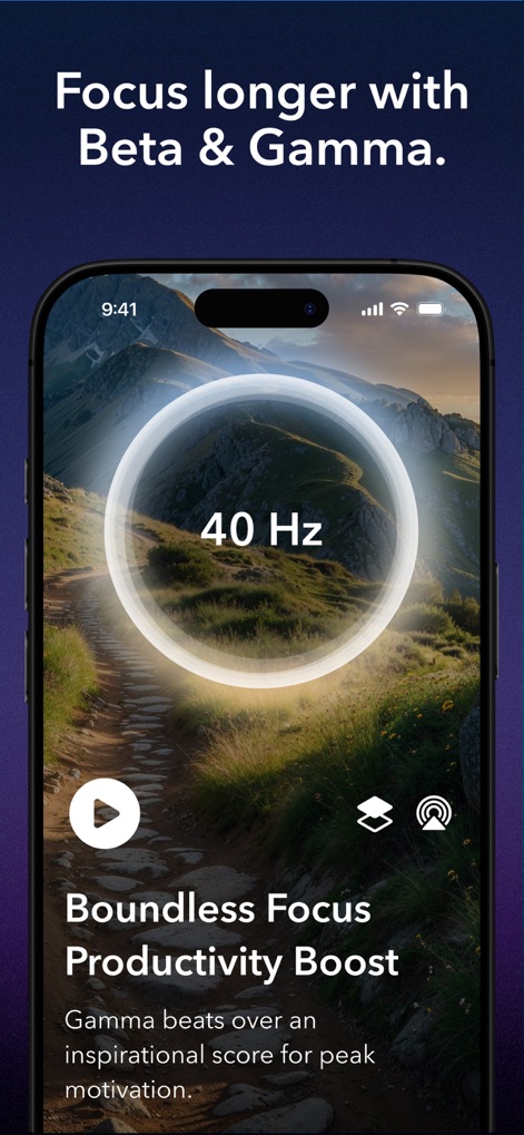 Moongate: Binaural Beats - The app provides powerful soundscapes such as 'Boundless Focus Productivity Boost' with 40 Hz Gamma frequencies to enhance concentration and working memory.