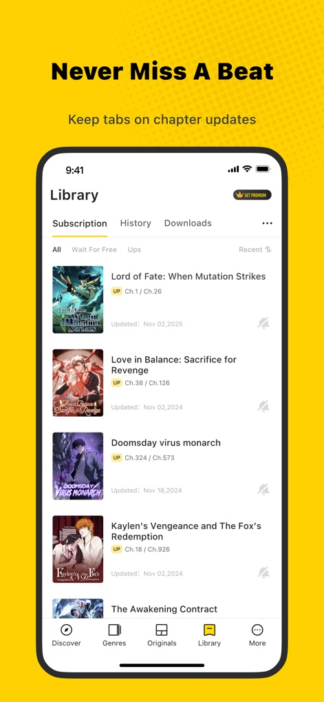 WebComics - Webtoon, Manga - The "Library" centralizes user subscriptions and downloaded stories, allowing readers to easily track "Updated" chapters and manage their reading progress.