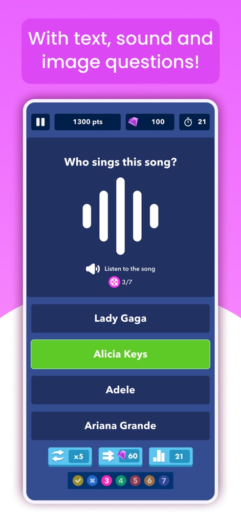 Trivia Quiz Knowledge - Diese App bietet Audiofragen, bei denen Nutzer einen Song hören müssen, um die Antwort zu finden, unterstützt durch eine klare Song-Visualisierung.