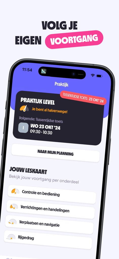 On My Way - The app offers a comprehensive overview of practical driving progress, displaying the current practice level and detailed skill categories.