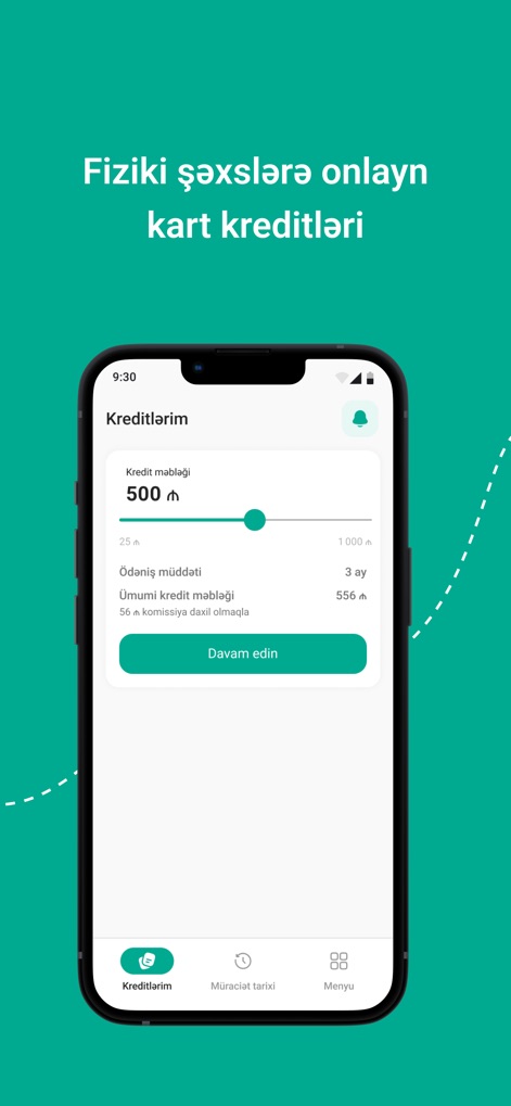 KredAqro - The app simplifies new loan applications, allowing users to select their desired "Kredit məbləği" (Credit amount) and "Ödəniş müddəti" (Payment period) using intuitive sliders.