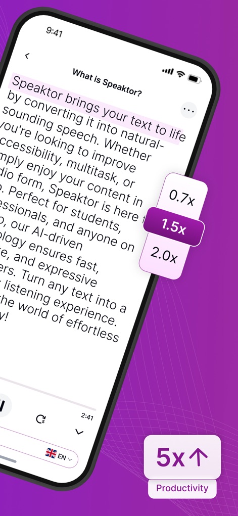 Text Reader - Text to Speech - Users can fine-tune their experience with prominent speed adjustment controls (0.7x to 2.0x) and observe the '5x Productivity' badge highlighting the app's benefits.