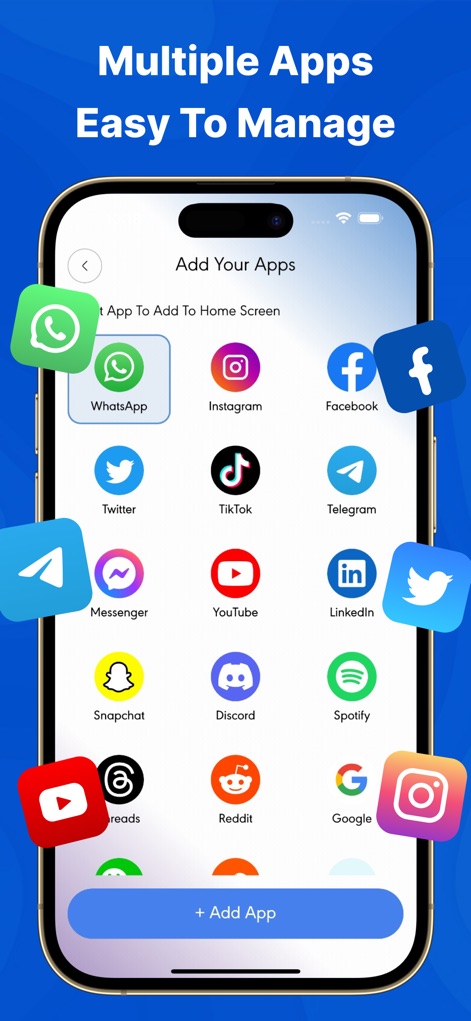 App Cloner: Dual Space - Dieses Tool präsentiert eine breite Palette an klonbaren Apps, darunter populäre Dienste wie WhatsApp und Instagram, die durch einen einfachen Tipp auf den „+ Add App“-Button verwaltet werden können.
