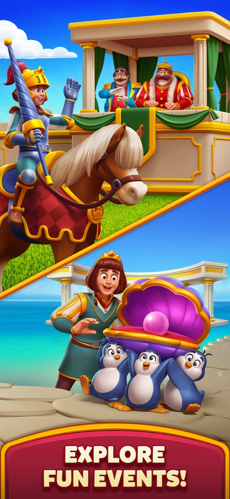Royal Kingdom - La aplicación destaca la diversidad de eventos con un caballero a caballo saludando a la realeza en un pabellón y simpáticos pingüinos que sostienen una perla gigante, mostrando la amplitud de las actividades in-game.