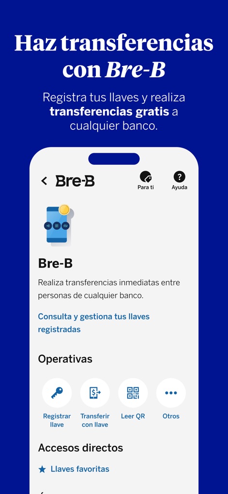 BBVA Colombia | Banca Móvil - Diese Ansicht verdeutlicht die einfache Durchführung von Überweisungen mit „Bre-B“, wobei Nutzer ihre „llaves“ registrieren und von Icons für „Registrar llave“ und „Transferir con llave“ profitieren können.