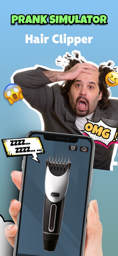 Prank - Funny Sounds,Simulator - ユーザーは、画面に映し出されたヘアクリッパーのシミュレーションと、焦る男性の表情を通じて、臨場感あふれるいたずらを体験できます。