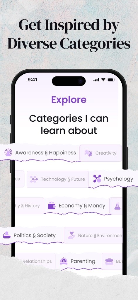 kitUP: Micro Learning Everyday - Users can easily browse and discover new knowledge through the 'Explore' section, which features a comprehensive array of clickable category tags and diverse subject matter.