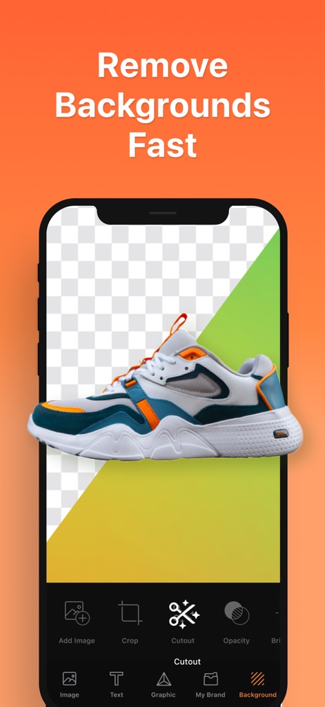 Boon: AI Logo Maker & Design - Die App demonstriert die einfache Hintergrundentfernung, indem ein Sportschuh auf einem geteilten Hintergrund präsentiert wird und das 'Cutout'-Werkzeug in der unteren Leiste hervorgehoben ist.