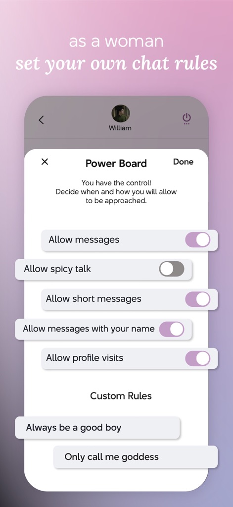 Chyrpe: Female-Led Dating - 「Power Board」機能では、「Allow messages」のようなメッセージ許可設定をトグルで調整でき、「Only call me goddess」といったカスタムルールを設定することで、チャットのやり取りにおける主導権を女性ユーザーが握れます。
