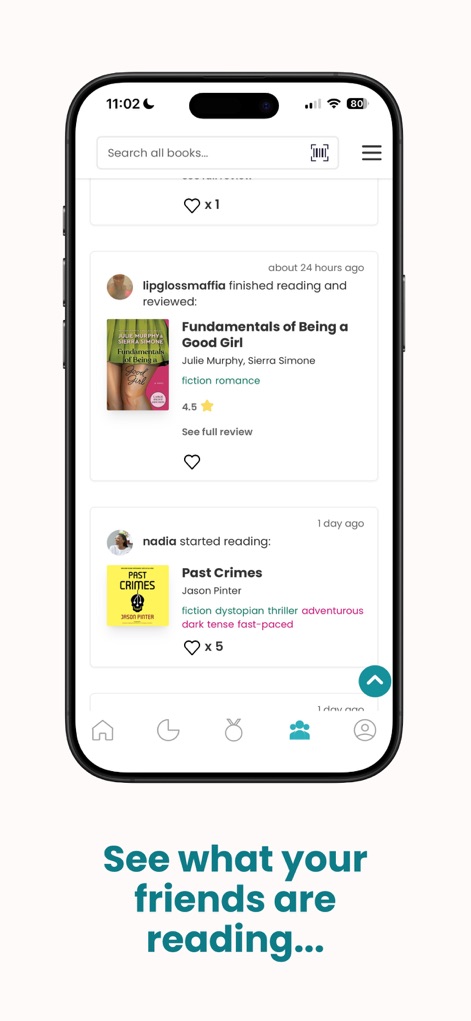 StoryGraph: Reading Tracker - Los lectores pueden mantenerse conectados con sus amistades, viendo las actualizaciones de lectura de amigos y las valoraciones rápidas sobre los libros que están explorando.