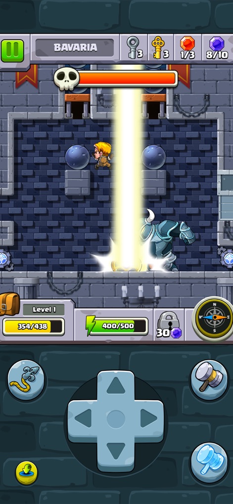 Diamond Quest: Don't Rush! - The Bavaria castle boss battle features an imposing armored knight and its powerful light beam attack, challenging the explorer's agility.