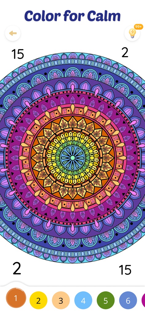 Color Aura: Paint by Number - This app offers complex mandala patterns for focused coloring, where numbers correspond to specific hues and the vibrant color choices are conveniently arrayed below.