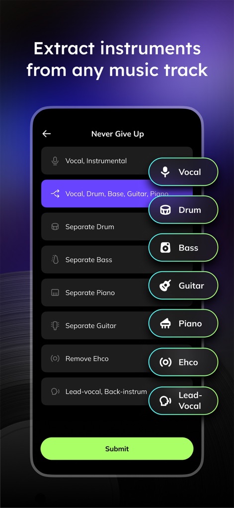 Vocal Remover - Musiclab - Users can precisely isolate individual musical components like vocals and drums, with the interface clearly presenting distinct separation options for each instrument type.