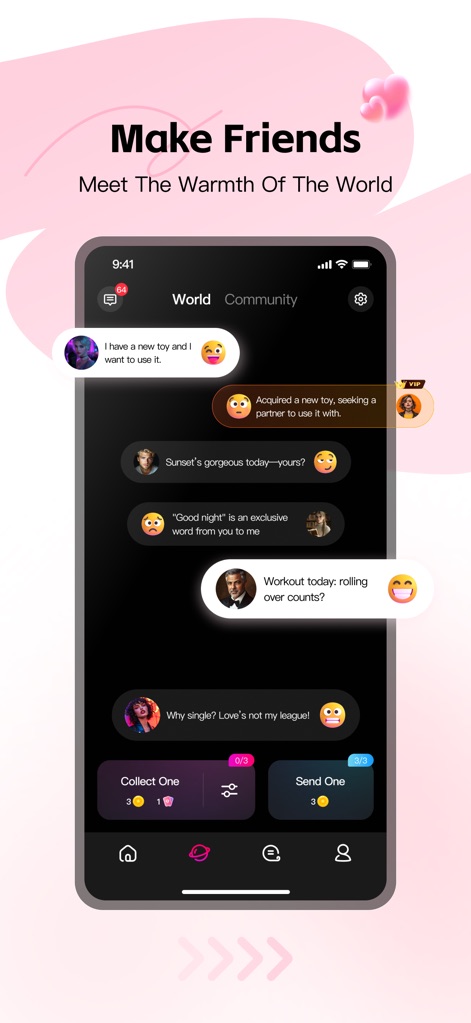Love Spouse-Remote Connection - The 'World Community' chat screen facilitates social interaction, displaying user chat bubbles and a clear bottom navigation bar to connect with others.