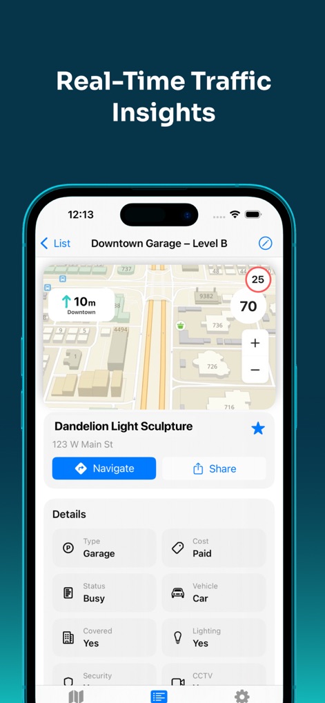 Arab Map Plus Park - L'application fournit des informations détaillées sur les parkings, incluant le type ("Garage"), le statut ("Busy") et les options de navigation ou de partage, permettant aux utilisateurs de planifier efficacement.